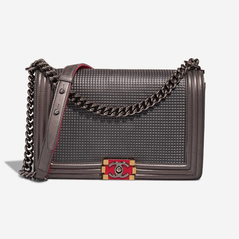 Chanel Boy New Medium Lamb Metallic Grey / Red Front | Sell your designer bag
