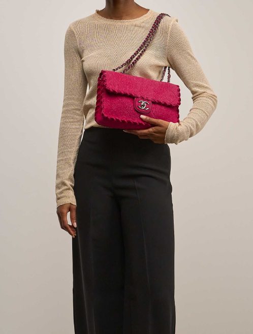Chanel Timeless Medium Felt / Velvet Raspberry on Model | Sell your designer bag