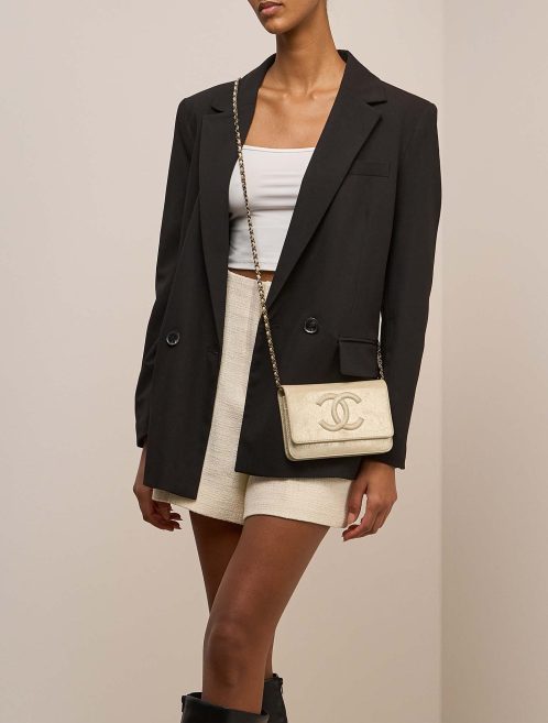 Chanel Timeless Wallet On Chain Calf Gold on Model | Sell your designer bag