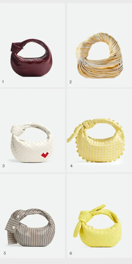 Comparison of other Jodie iterations: (1) Red alligator leather; (2) Tubular laminated lambskin; (3) White Intrecciato with a red heart; (4) Intrecciato dragon design; (5) Printed lambskin designed to look like a cotton shirt; (6) Intrecciato with a knotted bow. Images: Bottega Veneta / NET-A-PORTER
