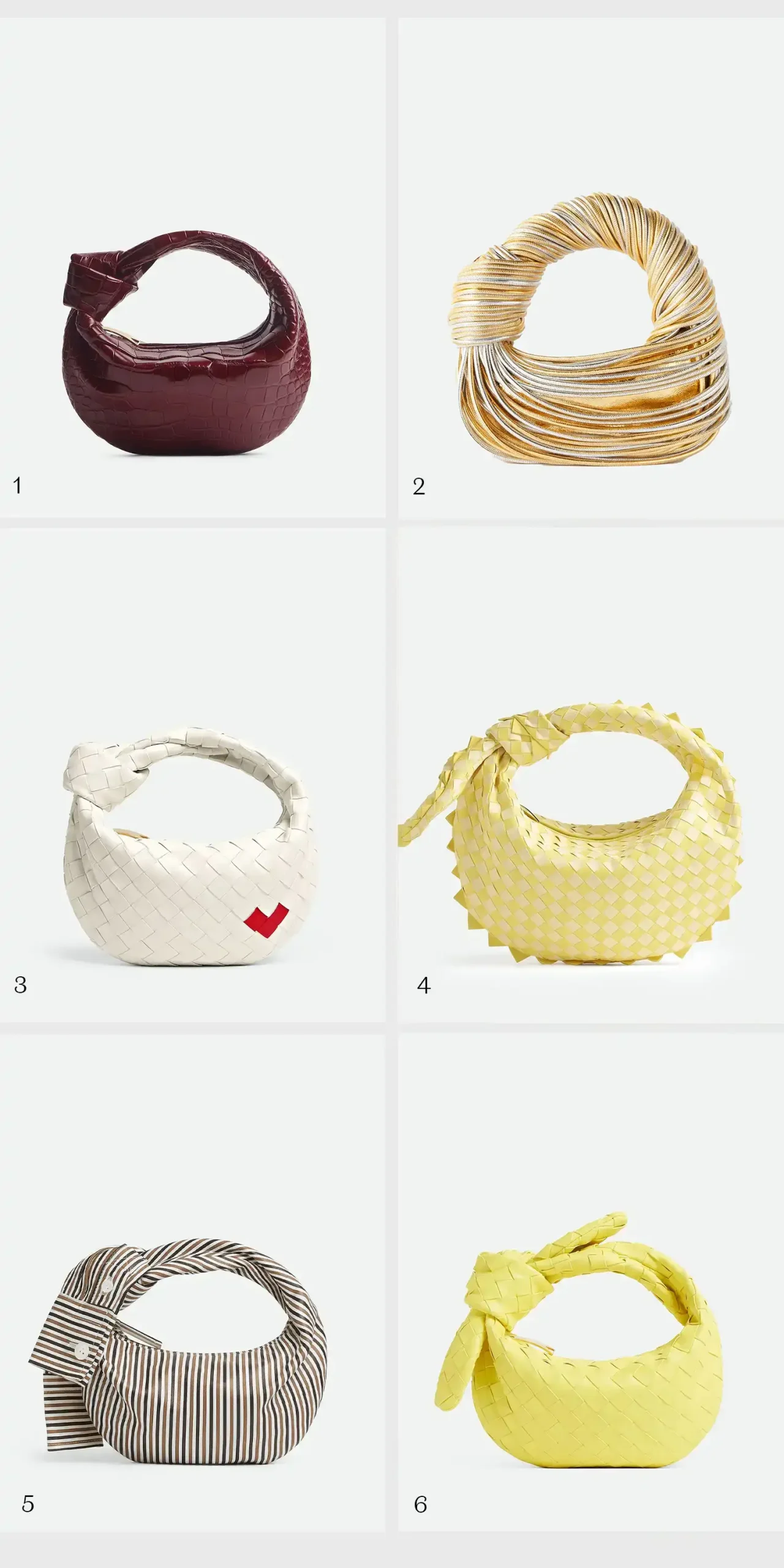 Comparison of other Jodie iterations: (1) Red alligator leather; (2) Tubular laminated lambskin; (3) White Intrecciato with a red heart; (4) Intrecciato dragon design; (5) Printed lambskin designed to look like a cotton shirt; (6) Intrecciato with a knotted bow. Images: Bottega Veneta / NET-A-PORTER