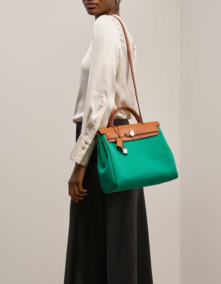 Hermès Herbag 31 Toile / Vache Hunter Menthe / Bleu Aztèque / Naturel on Model | Sell your designer bag