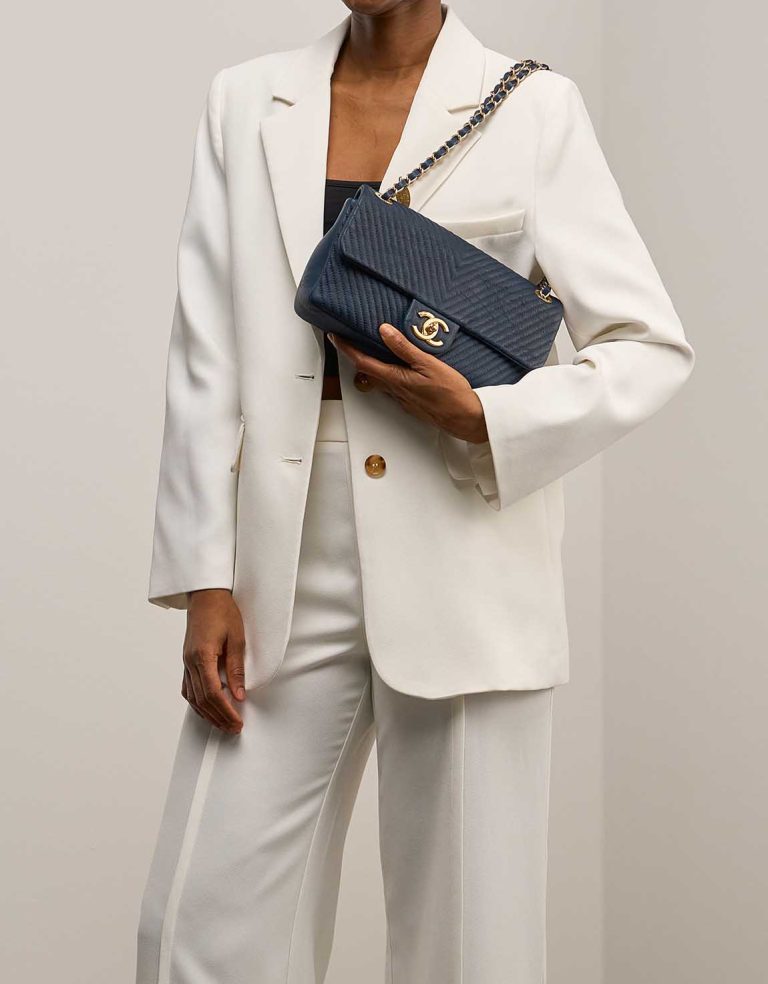 Chanel Timeless Surpique Medium Crinkled Calf Blue on Model | Sell your designer bag