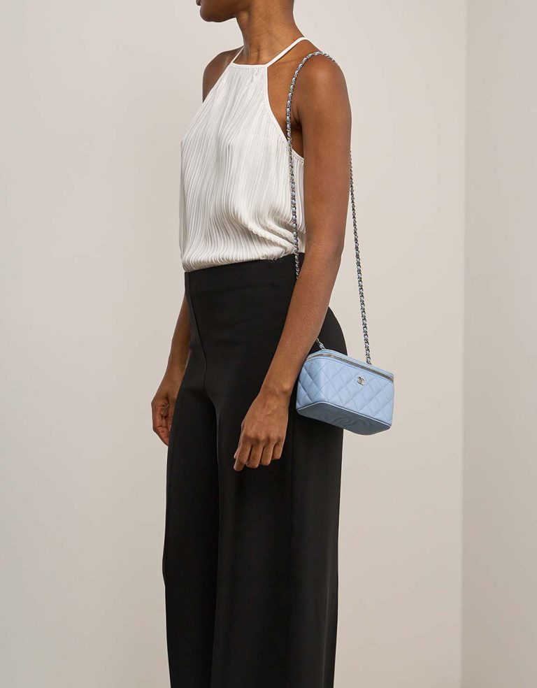 Chanel Vanity Small Caviar Light Blue on Model | Sell your designer bag