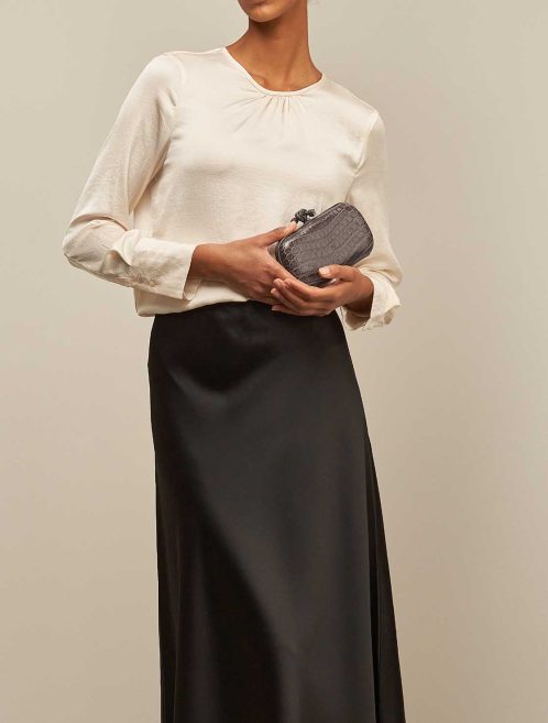Bottega Veneta Knot Clutch Crocodile Brown on Model | Sell your designer bag