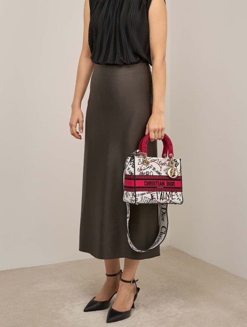 Dior Lady D-Lite Dioramour Graffiti Medium Canvas White / Red / Black on Model | Sell your designer bag
