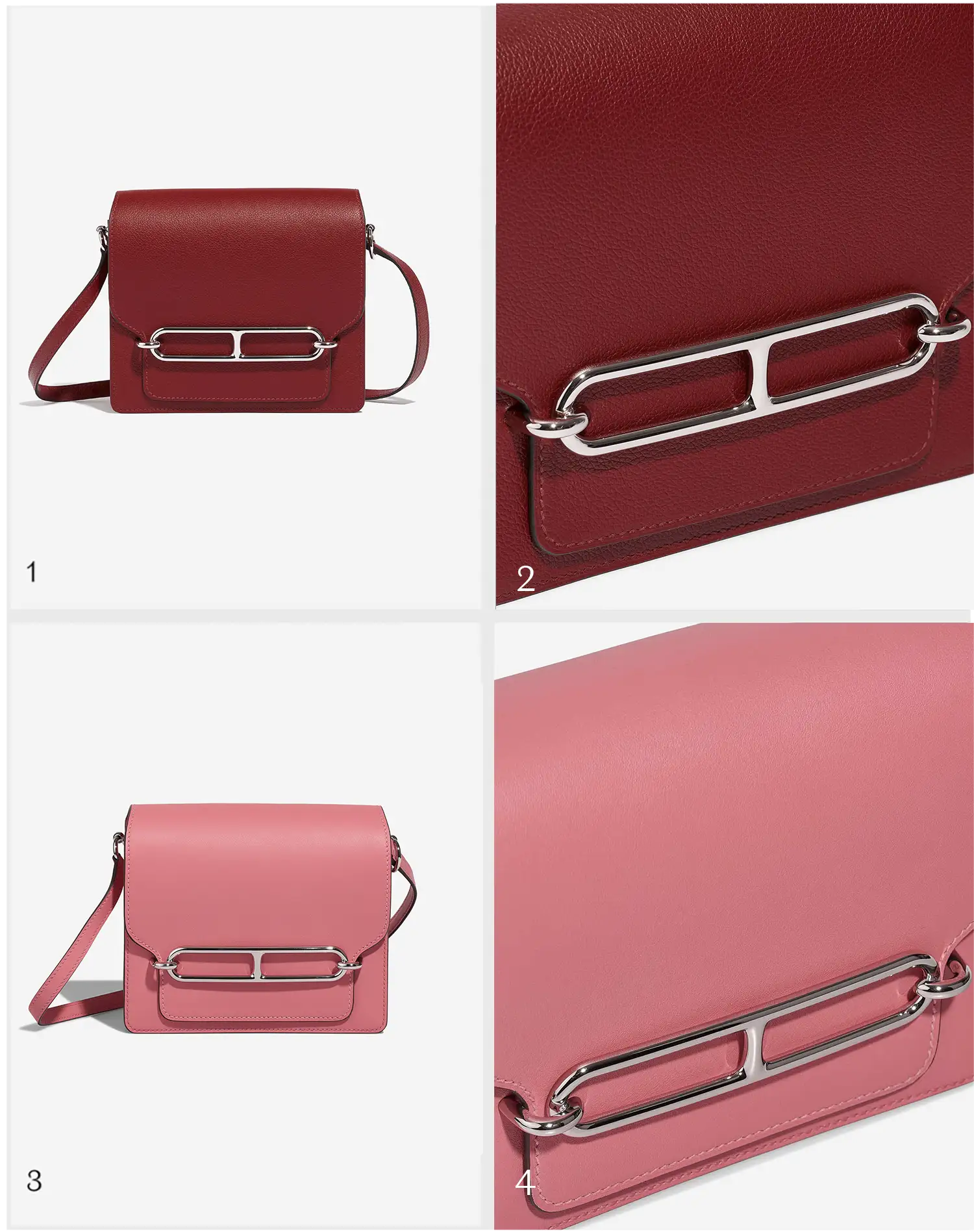 Leather comparison of the Roulis 18 from Evercolor leather in Rouge Grenat, and the Roulis 18 from Swift leather in Rose Azalée, sold on saclab.com