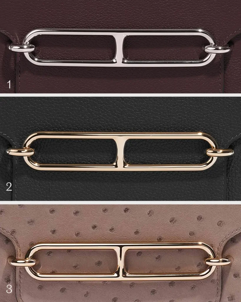 Hardware comparison: (1) Palladium hardware on the Roulis 18 Evercolor in Rouge Sellier; (2) Gold-plated hardware on the Roulis 23 Clemence in Caban; (3) Permabrass hardware on the Roulis 18 Ostrich in Gris Asphalte, sold on saclab.com