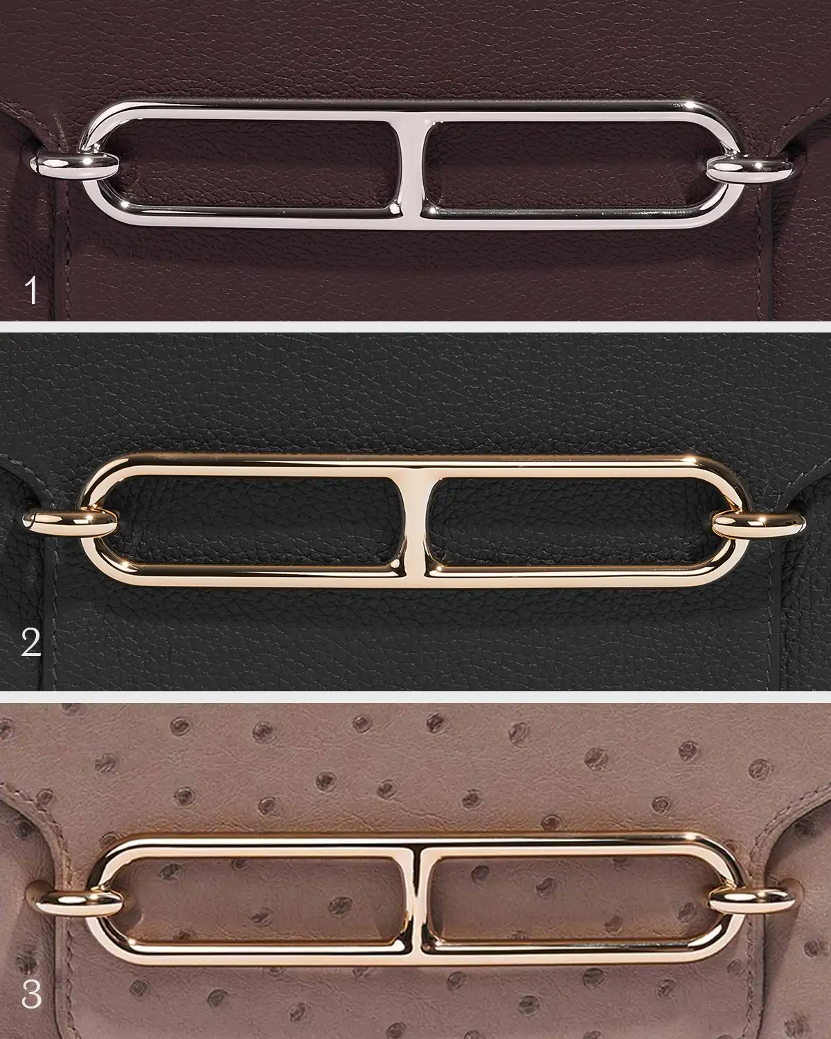 Hardware comparison: (1) Palladium hardware on the Roulis 18 Evercolor in Rouge Sellier; (2) Gold-plated hardware on the Roulis 23 Clemence in Caban; (3) Permabrass hardware on the Roulis 18 Ostrich in Gris Asphalte, sold on saclab.com