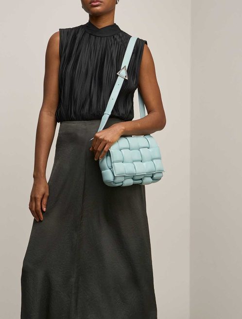 Bottega Veneta Cassette Calf Turquoise on Model | Sell your designer bag
