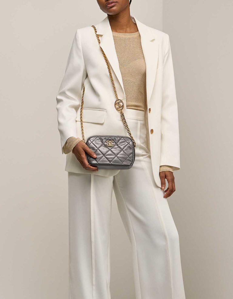 Chanel Camera Bag Small Lamb Grey on Model | Sell your designer bag