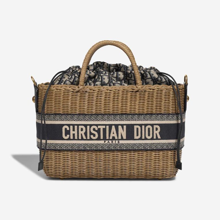 Dior Basket Bag Medium Wicker / Canvas Blue / Camel / Beige Front | Sell your designer bag