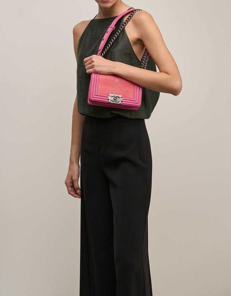 Chanel Boy Small Lamb / Stingray Pink on Model | Sell your designer bag