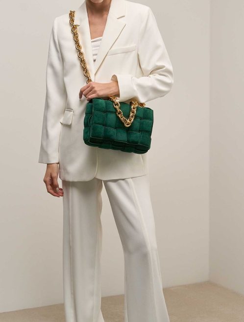 Bottega Veneta Cassette Suede Dark Green on Model | Sell your designer bag