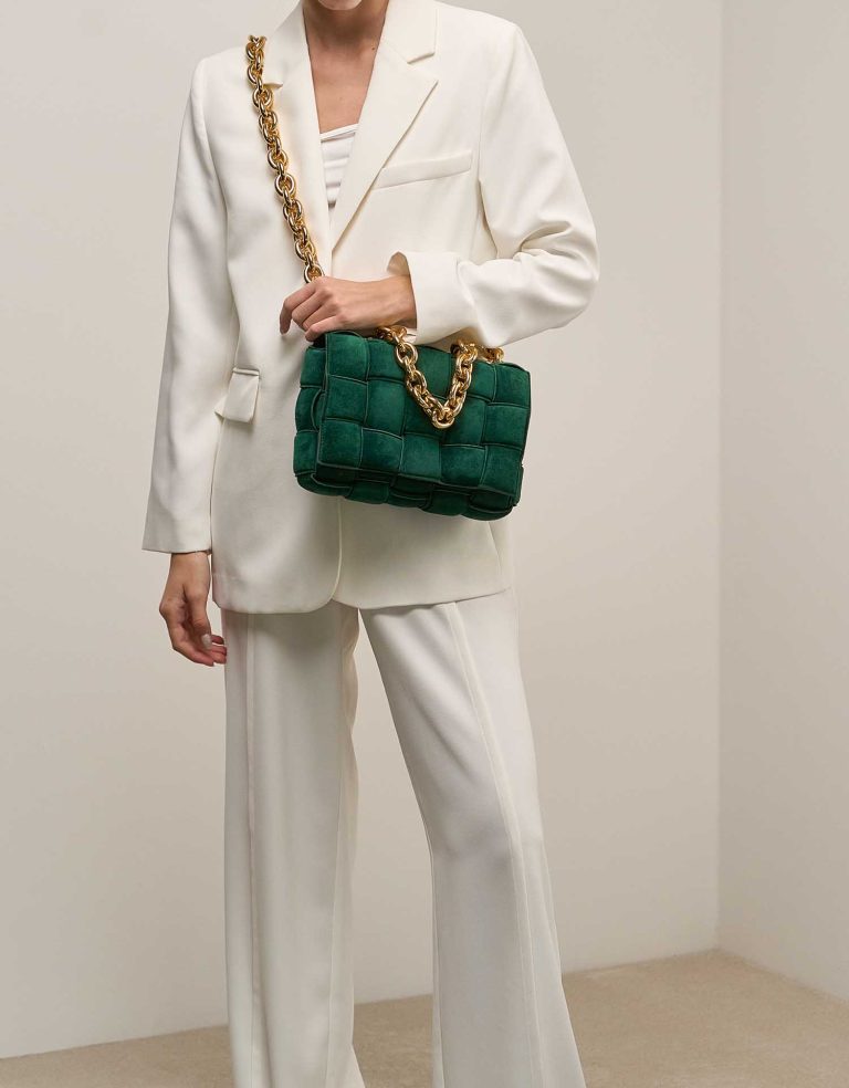 Bottega Veneta Cassette Suede Dark Green on Model | Sell your designer bag
