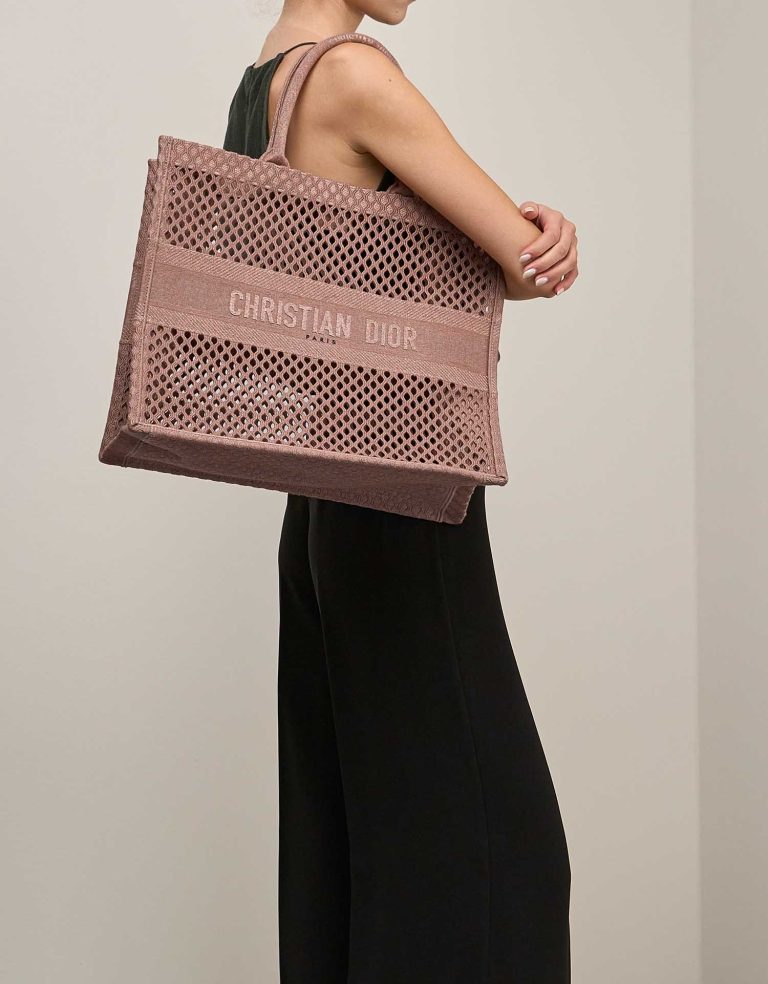 Dior Book Tote Large Canvas Beigerosé on Model | Sell your designer bag