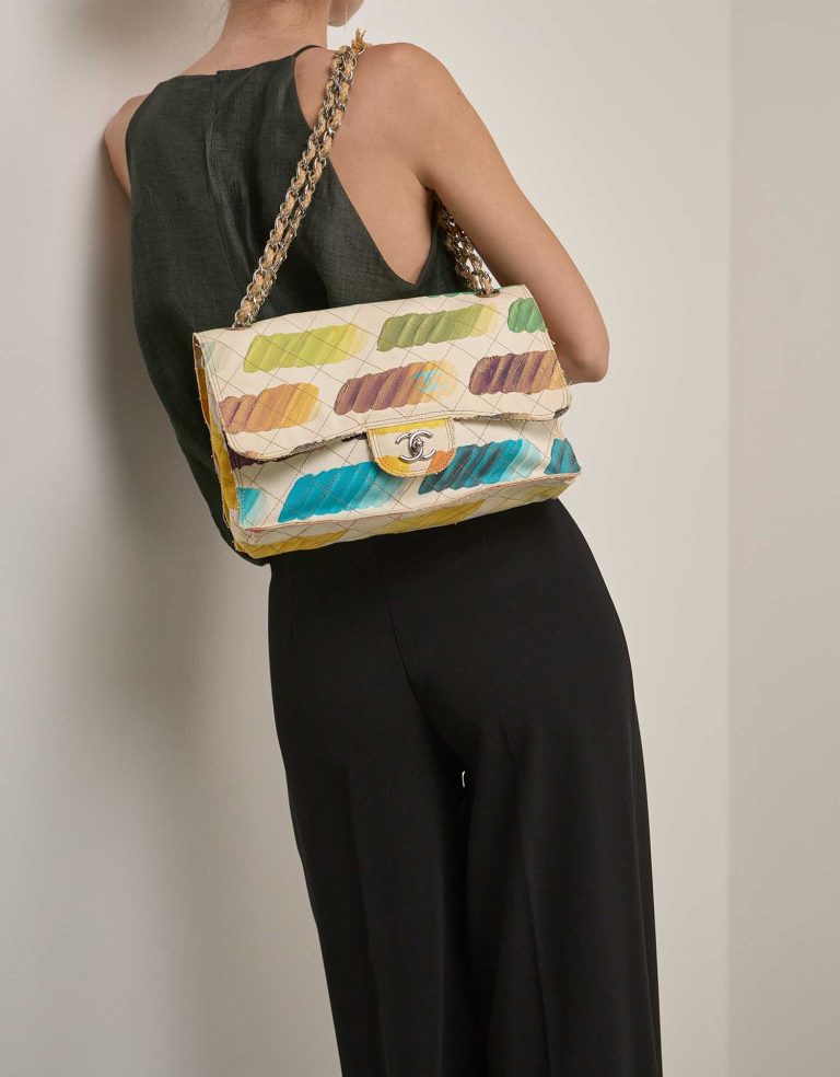 Chanel Timeless Flap Jumbo Canvas White Paint Palette on Model | Sell your designer bag