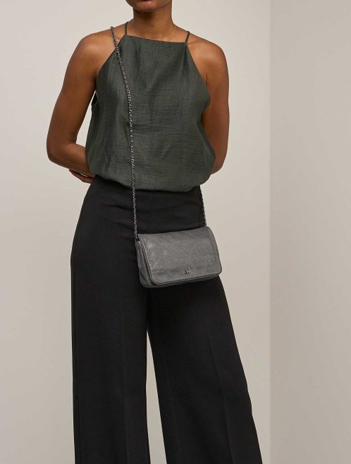 Chanel Wallet On Chain Timeless Suede Metallic Silver on Model | Sell your designer bag