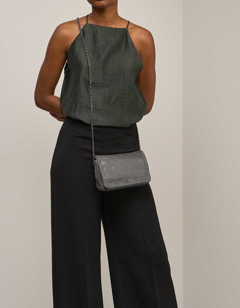 Chanel Wallet On Chain Timeless Suede Metallic Silver on Model | Sell your designer bag