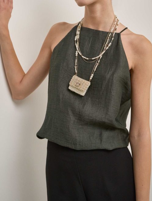 Chanel Timeless Necklace Micro Pearls White on Model | Sell your designer bag