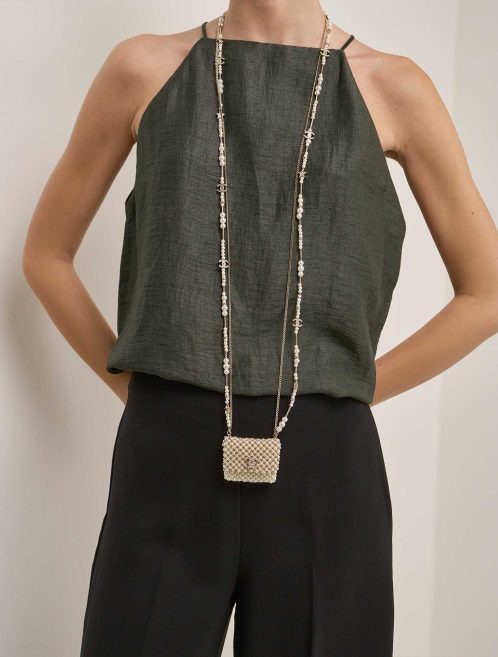 Chanel Timeless Necklace Micro Pearls White on Model | Sell your designer bag