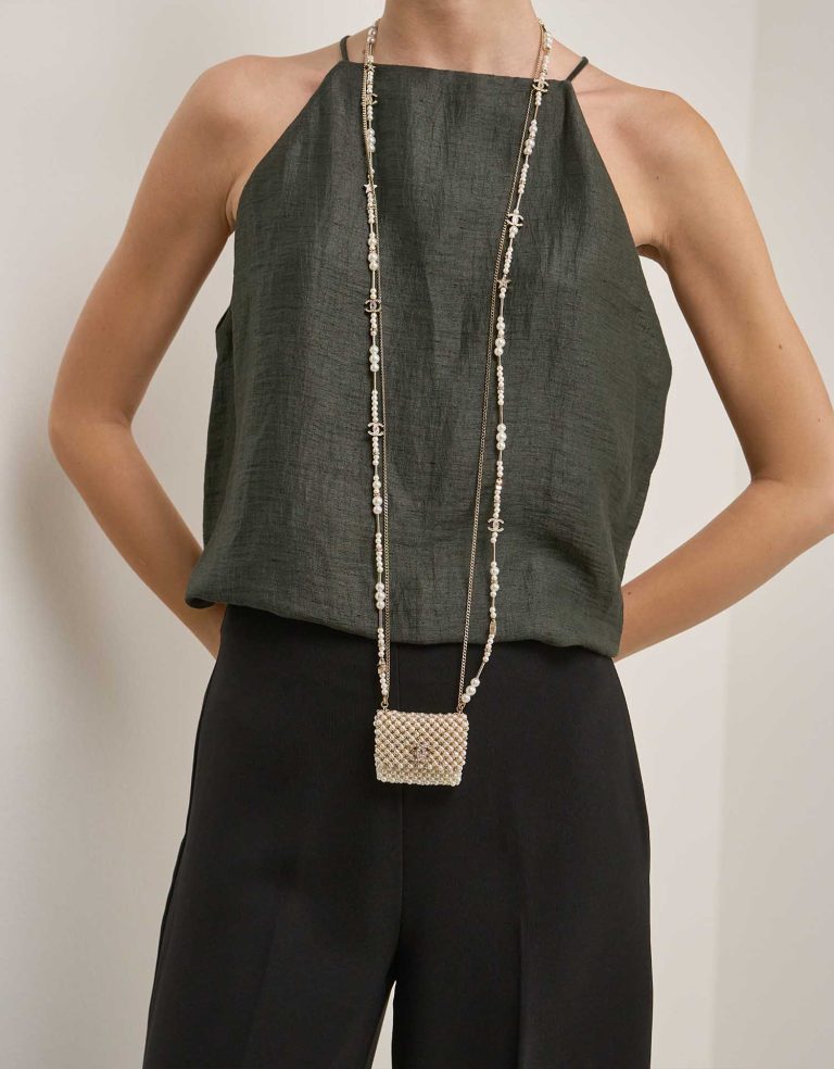 Chanel Timeless Necklace Micro Pearls White on Model | Sell your designer bag