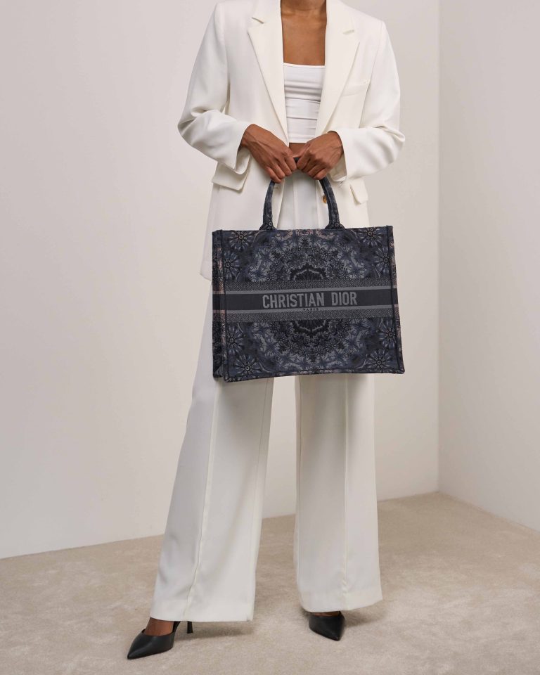 Dior Book Tote Medium Canvas Blue on Model | Sell your designer bag