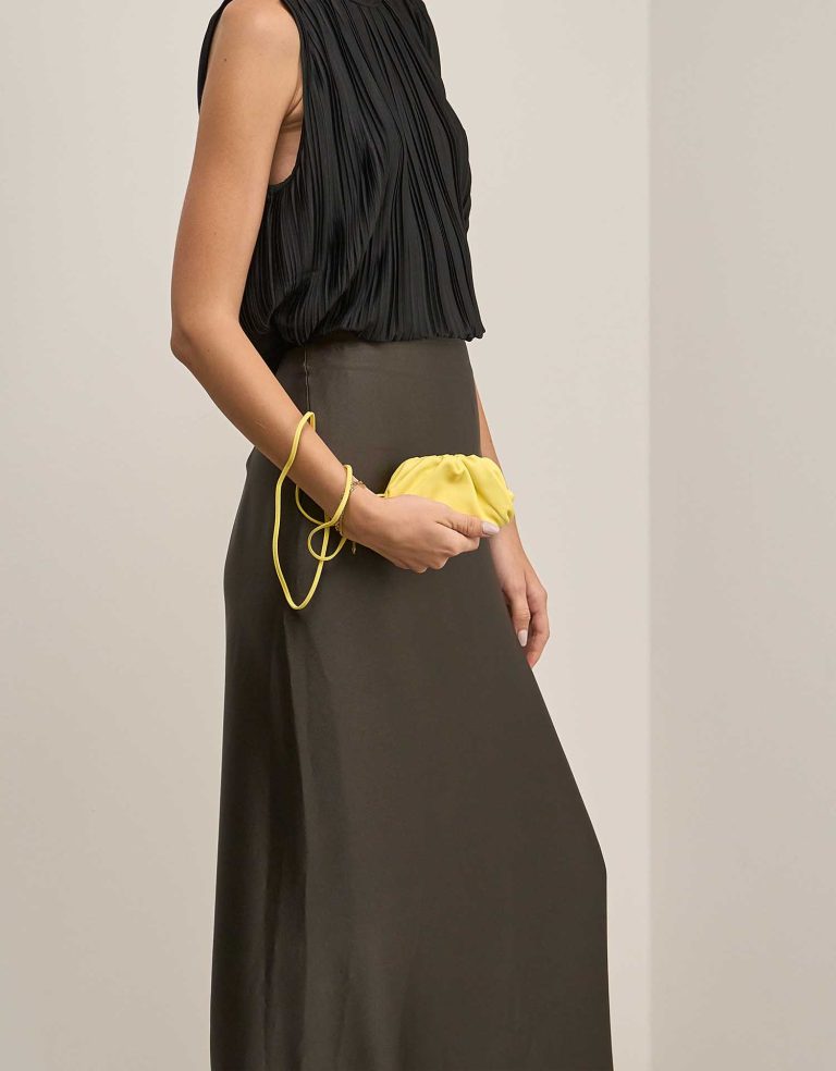 Bottega Veneta Pouch Micro Calf Lime Yellow on Model | Sell your designer bag