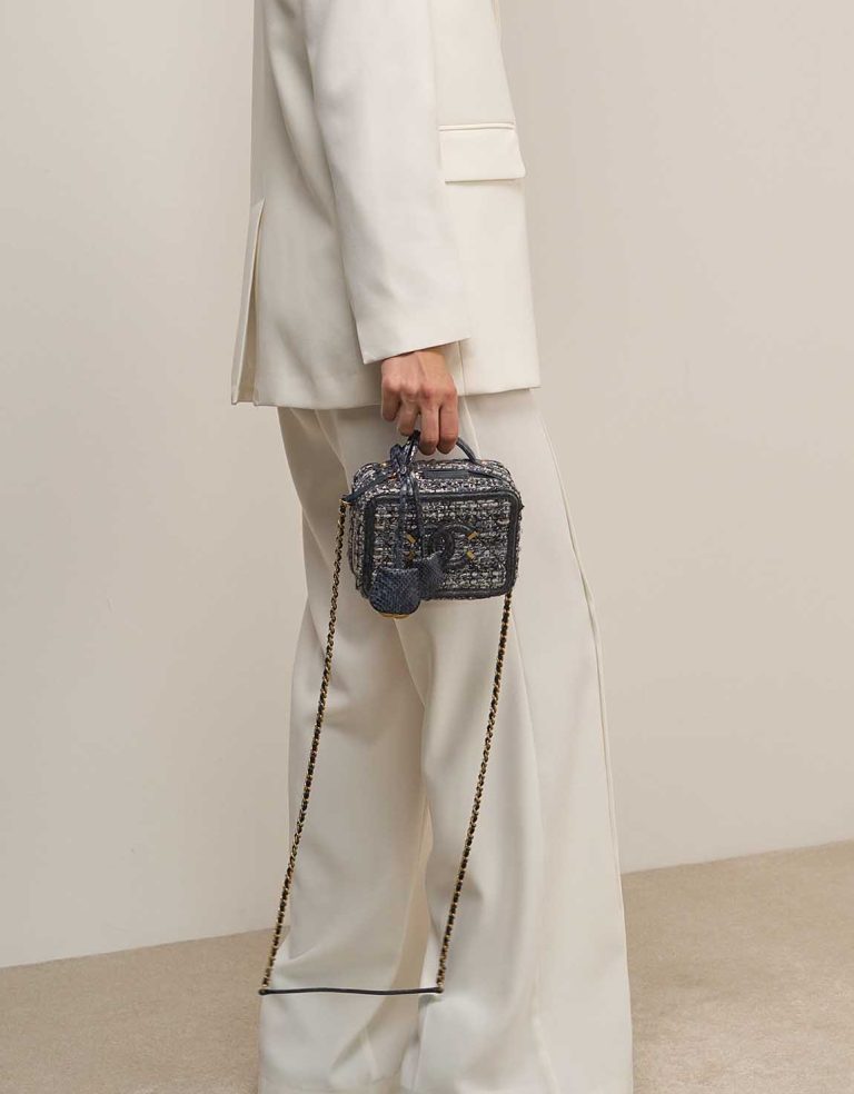 Chanel Vanity Medium Tweed Dark Blue on Model | Sell your designer bag