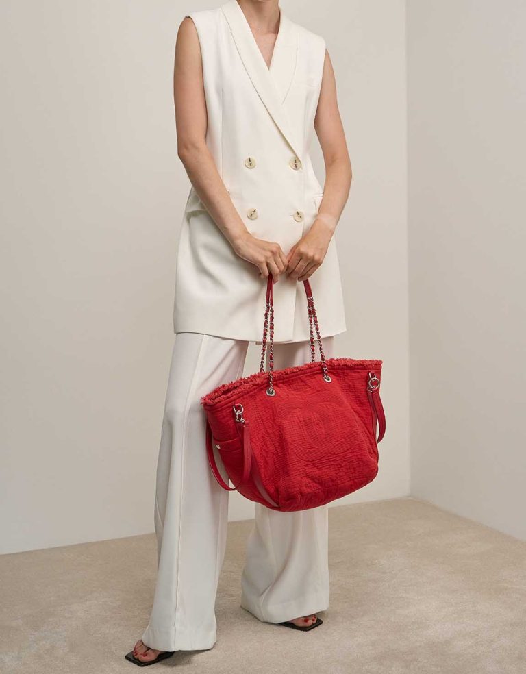 Chanel Deauville Medium Canvas Red on Model | Sell your designer bag