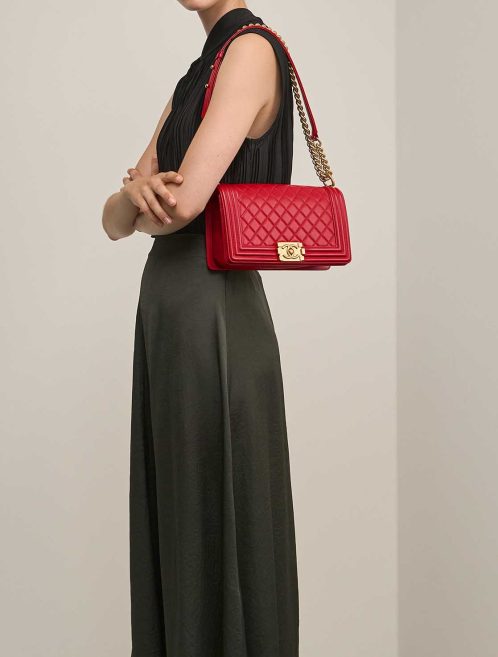 Chanel Boy Medium Calf Red on Model | Sell your designer bag