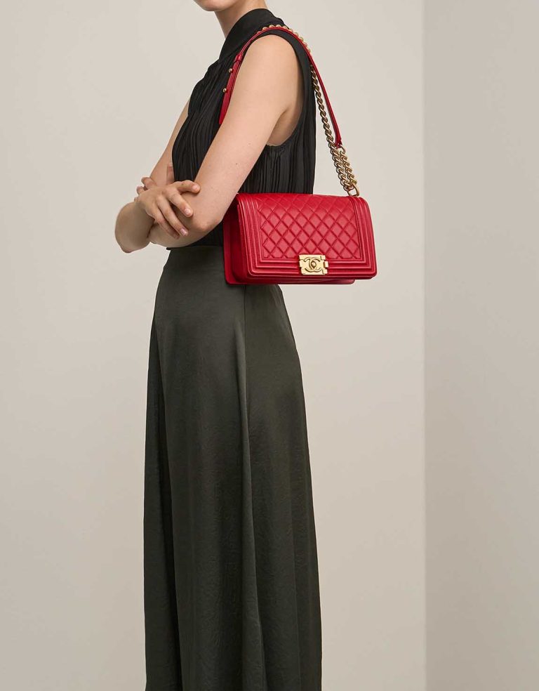 Chanel Boy Medium Calf Red on Model | Sell your designer bag