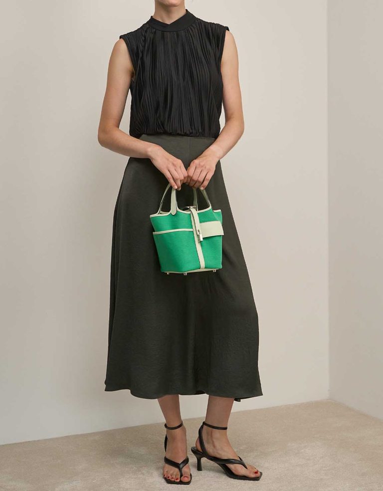 Hermès Picotin Cargo 18 Toile Goeland / Swift Vert Comics / Vert Fizz on Model | Sell your designer bag
