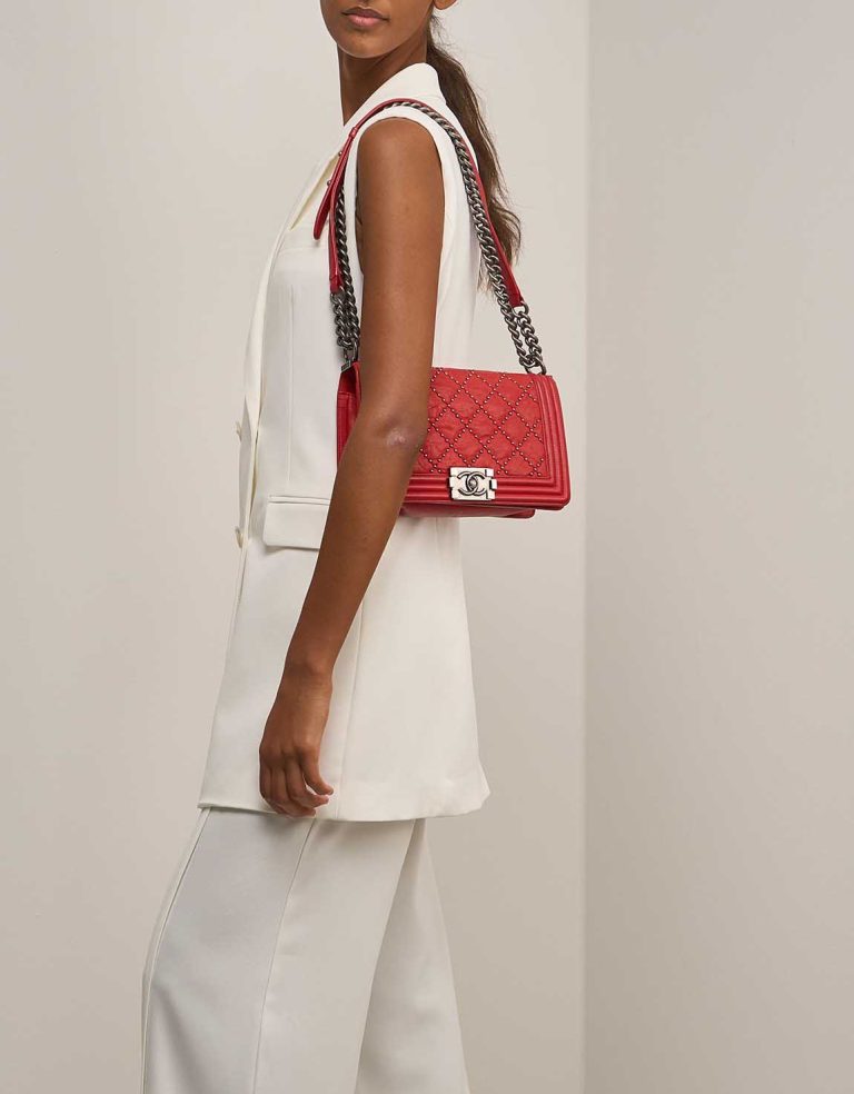 Chanel Boy Old Medium Calf Red on Model | Sell your designer bag