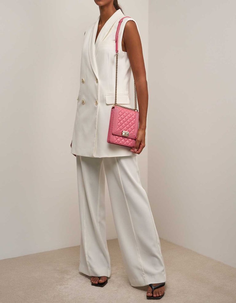 Chanel North South Boy Lamb Pink on Model | Sell your designer bag