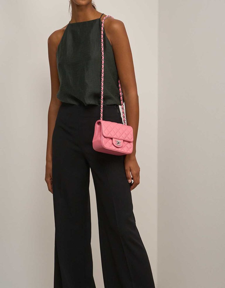 Chanel Timeless Mini Square Lamb Pink on Model | Sell your designer bag