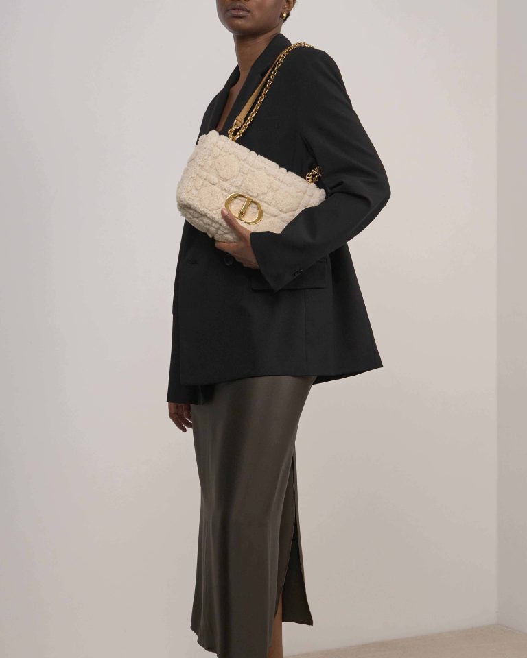Dior Caro Medium Shearling / Suede White / Brown on Model | Sell your designer bag