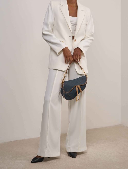 Dior Saddle Medium Denim / Calf Dark Denim / Brown on Model | Sell your designer bag