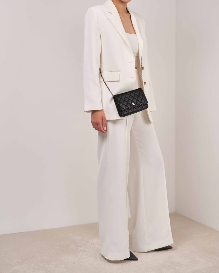 Chanel Timeless Wallet On Chain Lamb Black on Model | Sell your designer bag