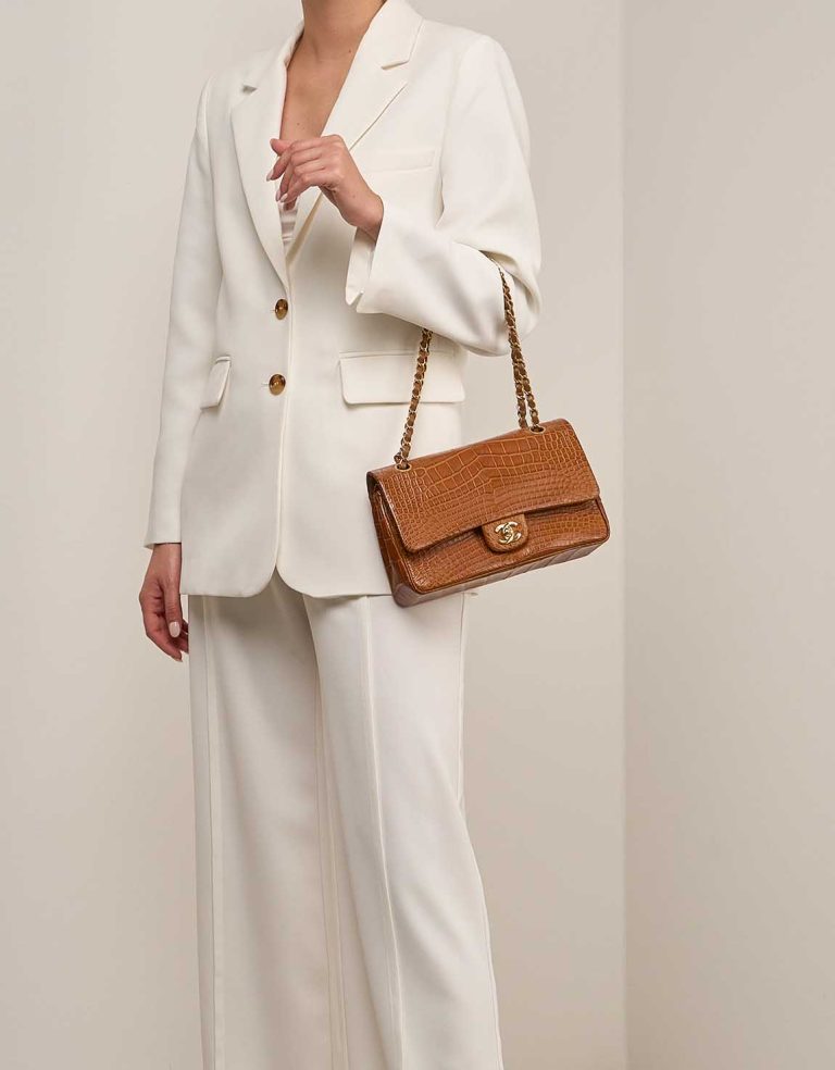 Chanel Timeless Medium Alligator Brown on Model | Sell your designer bag