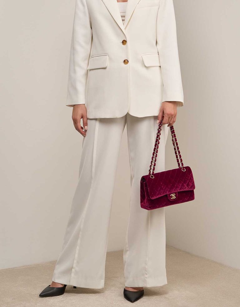 Chanel Timeless Medium Velvet Burgundy on Model | Sell your designer bag