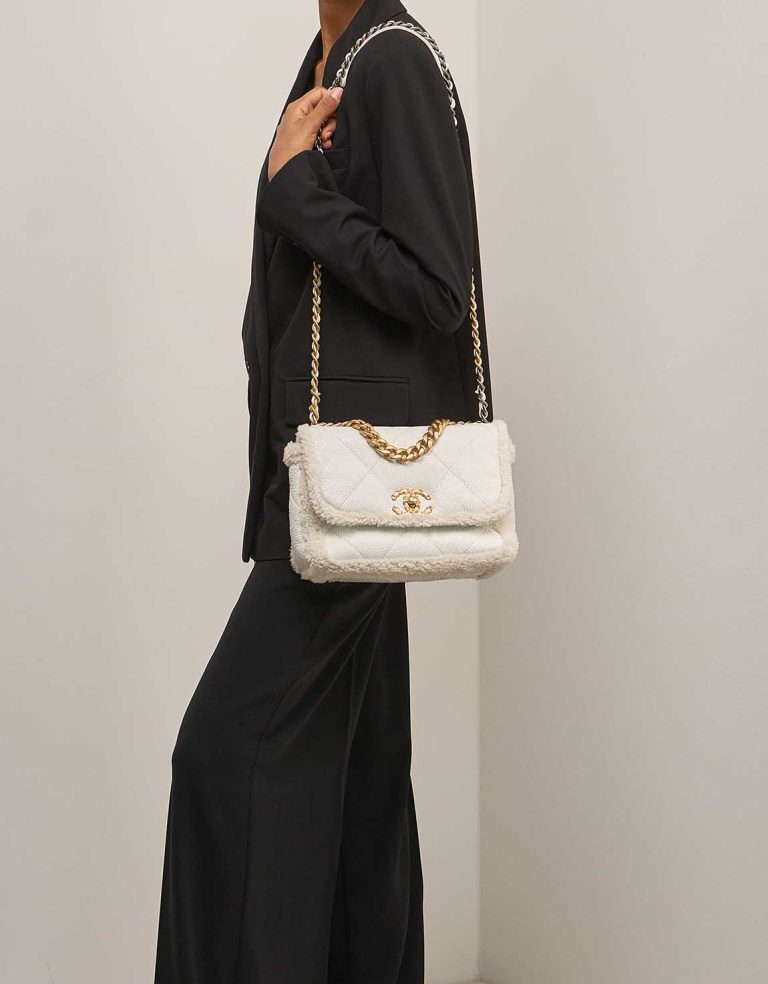 Chanel 19 Flap Bag Shearling White on Model | Sell your designer bag