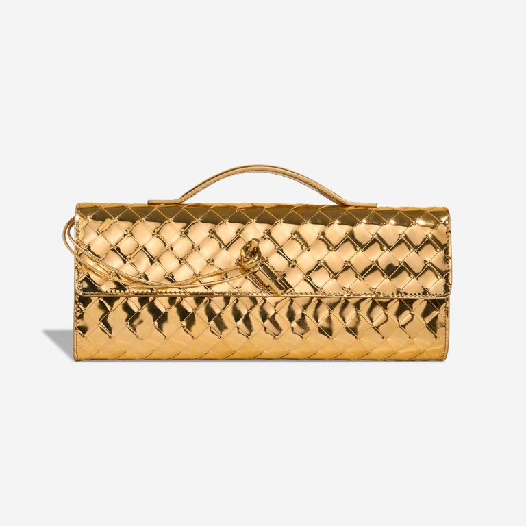 Bottega Veneta Andiamo Clutch Patent Metallic Gold Front | Sell your designer bag
