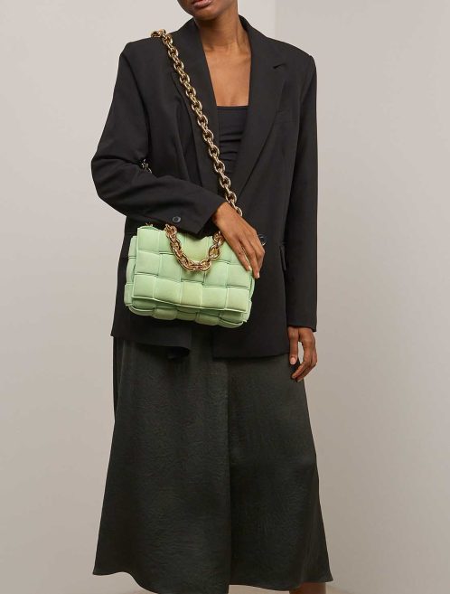 Bottega Veneta Cassette Suede Light Green on Model | Sell your designer bag
