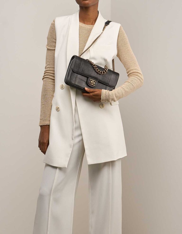 Chanel Timeless Flap Bag Medium Lizard / Lamb Brown on Model | Sell your designer bag
