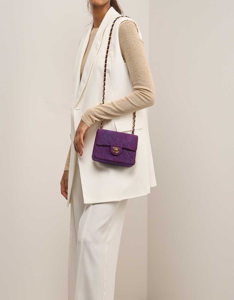 Chanel Timeless Mini Square Suede Violet on Model | Sell your designer bag