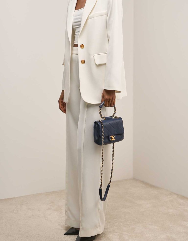 Chanel In The Loop Small Flap Bag Lamb Dark Blue on Model | Sell your designer bag