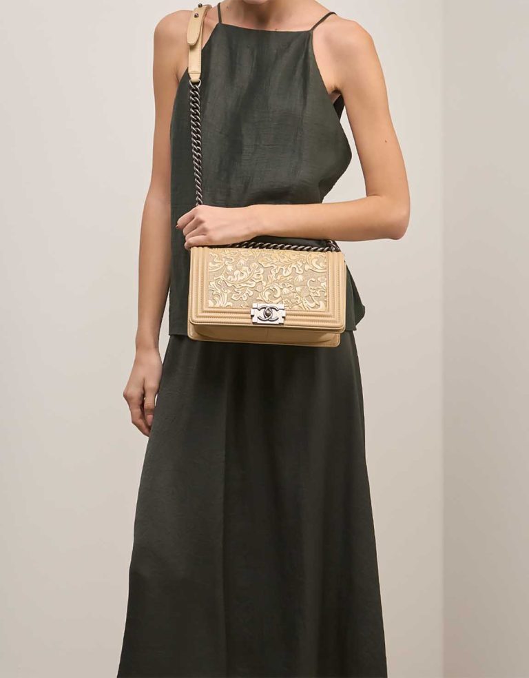 Chanel Boy Medium Lamb Beige on Model | Sell your designer bag