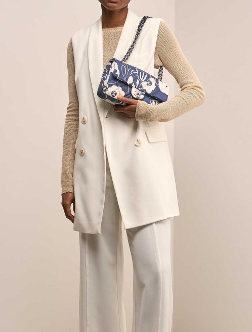 Chanel Timeless Medium Fabric Blue / White on Model | Sell your designer bag