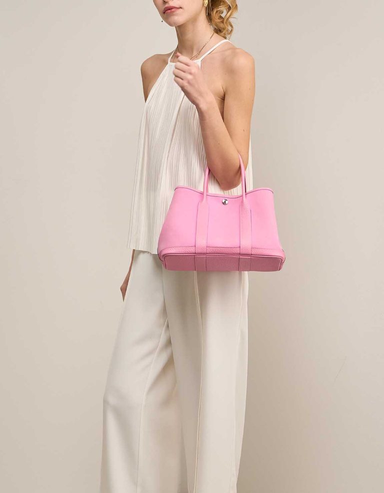 Hermès Garden Party 30 Taurillon Clémence / Toile Bubblegum on Model | Sell your designer bag